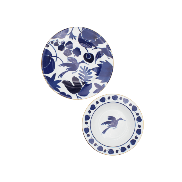 SET DE 2 PLATOS TRINCHE Y  SOPA DE PORCELANA WILD BIRD AZUL